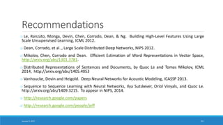 Recommendations
o Le, Ranzato, Monga, Devin, Chen, Corrado, Dean, & Ng. Building High-Level Features Using Large
Scale Unsupervised Learning, ICML 2012.
o Dean, Corrado, et al. , Large Scale Distributed Deep Networks, NIPS 2012.
o Mikolov, Chen, Corrado and Dean. Efﬁcient Estimation of Word Representations in Vector Space,
http://arxiv.org/abs/1301.3781.
o Distributed Representations of Sentences and Documents, by Quoc Le and Tomas Mikolov, ICML
2014, http://arxiv.org/abs/1405.4053
o Vanhoucke, Devin and Heigold. Deep Neural Networks for Acoustic Modeling, ICASSP 2013.
o Sequence to Sequence Learning with Neural Networks, Ilya Sutskever, Oriol Vinyals, and Quoc Le.
http://arxiv.org/abs/1409.3215. To appear in NIPS, 2014.
o http://research.google.com/papers
o http://research.google.com/people/jeff
January 5, 2017 54
 