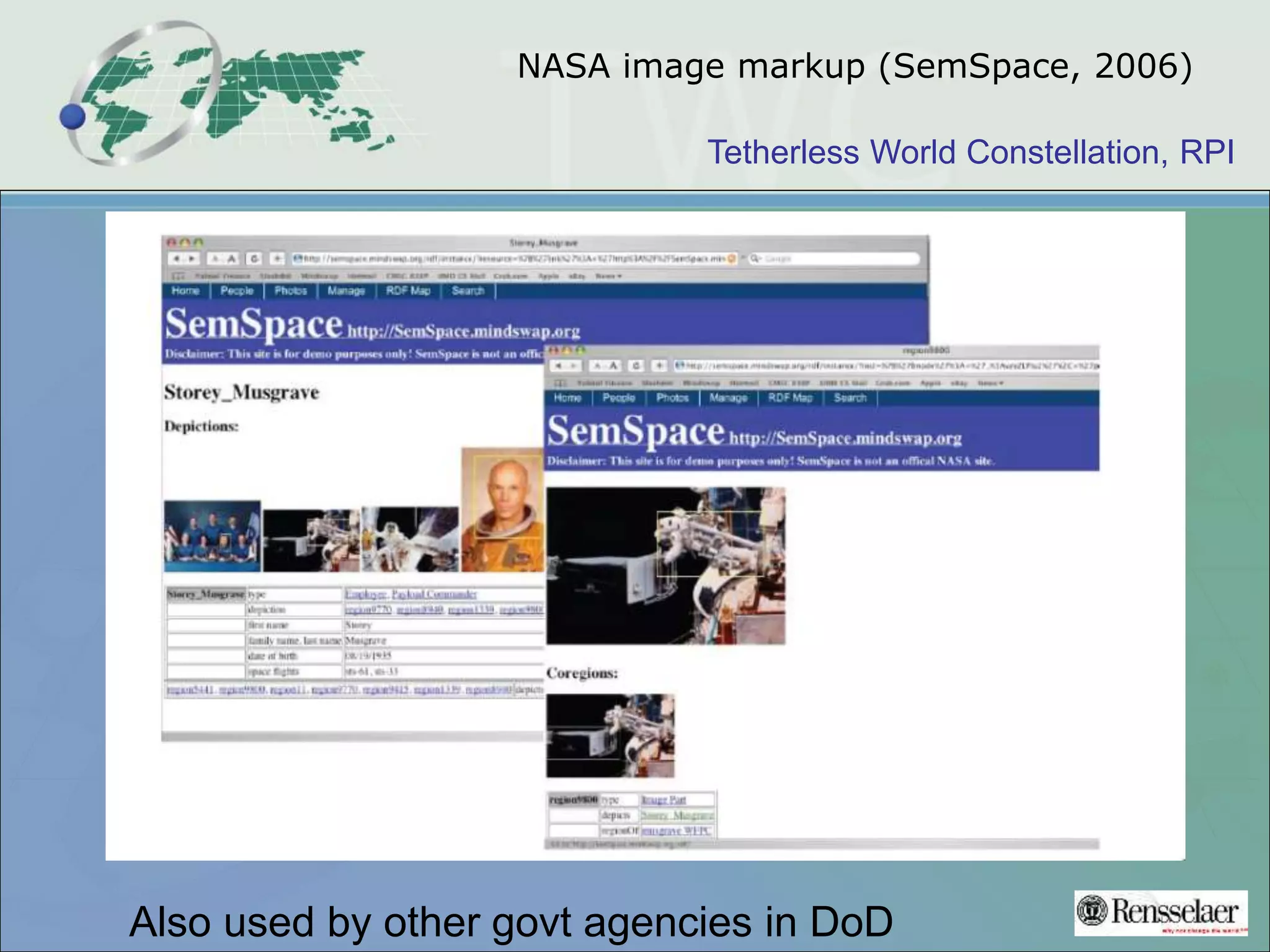 Tetherless World Constellation, RPI
NASA image markup (SemSpace, 2006)
Also used by other govt agencies in DoD
 