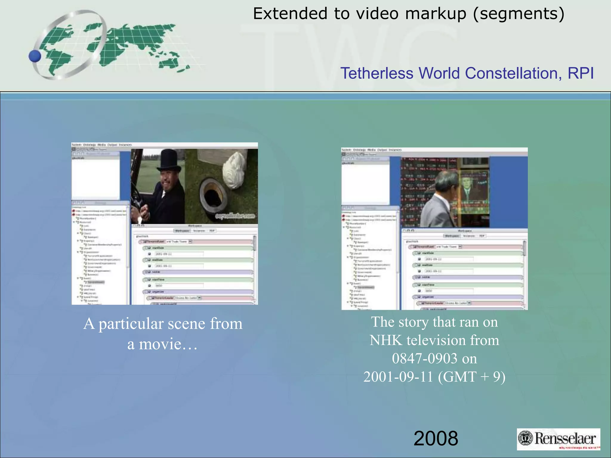 Tetherless World Constellation, RPI
Extended to video markup (segments)
A particular scene from
a movie…
The story that ran on
NHK television from
0847-0903 on
2001-09-11 (GMT + 9)
2008
 