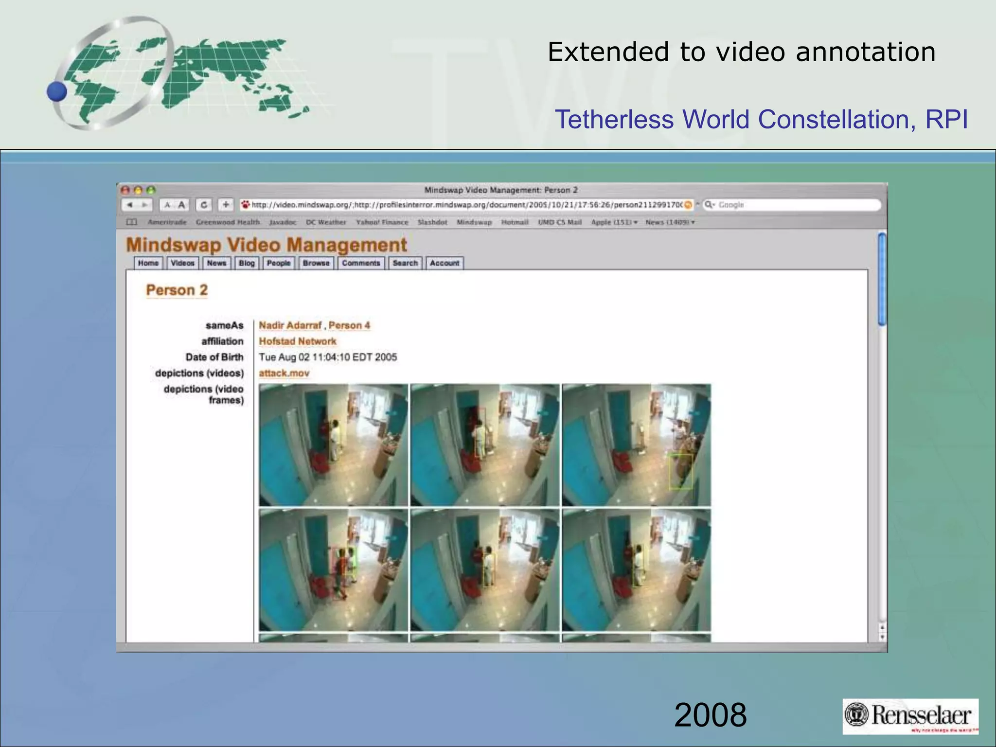 Tetherless World Constellation, RPI
Extended to video annotation
2008
 