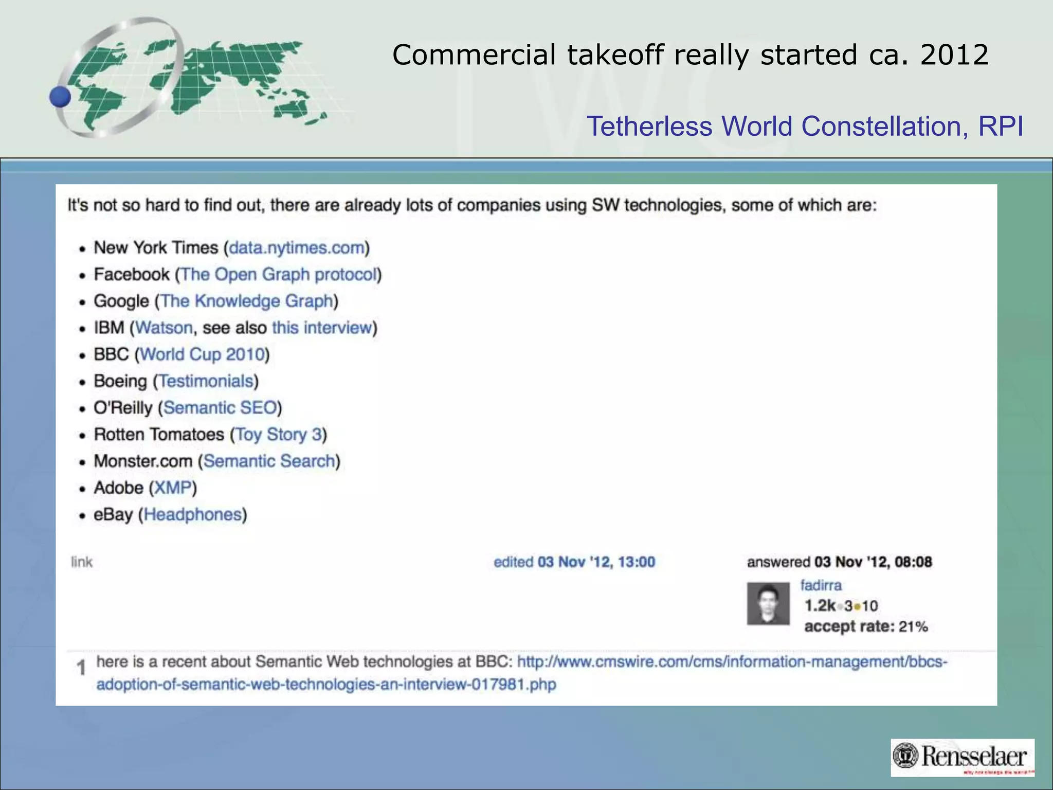 Tetherless World Constellation, RPI
Commercial takeoff really started ca. 2012
 