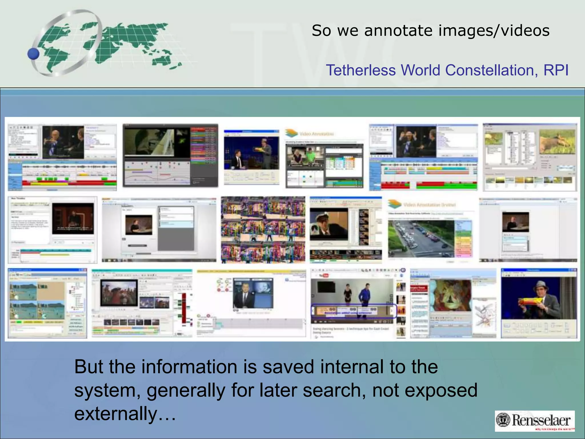 Tetherless World Constellation, RPI
So we annotate images/videos
But the information is saved internal to the
system, generally for later search, not exposed
externally…
 