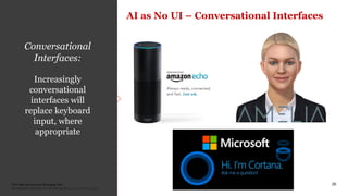 PwC New Services and Emerging Tech
Confidential information for the sole benefit and use of PwC’s client.
26
Google Search:
Auto-completion
(N-gram)
Google Duplex:
Automating
reservations
Conversational
Interfaces:
Increasingly
conversational
interfaces will
replace keyboard
input, where
appropriate
AI as No UI – Conversational Interfaces
 