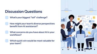 Discussion Questions
What's your biggest "toil" challenge?
How might your team's diverse perspectives
benefit from AI assistance?
What concerns do you have about AI in your
workflows?
Which quick win would be most valuable for
your team?
 
