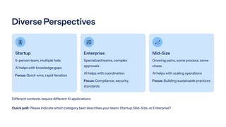 Diverse Perspectives
Startup
5-person team, multiple hats
AI helps with knowledge gaps
Focus: Quick wins, rapid iteration
Enterprise
Specialized teams, complex
approvals
AI helps with coordination
Focus: Compliance, security,
standards
Mid-Size
Growing pains, some process, some
chaos
AI helps with scaling operations
Focus: Building sustainable practices
Different contexts require different AI applications
Quick poll: Please indicate which category best describes your team: Startup, Mid-Size, or Enterprise?
 