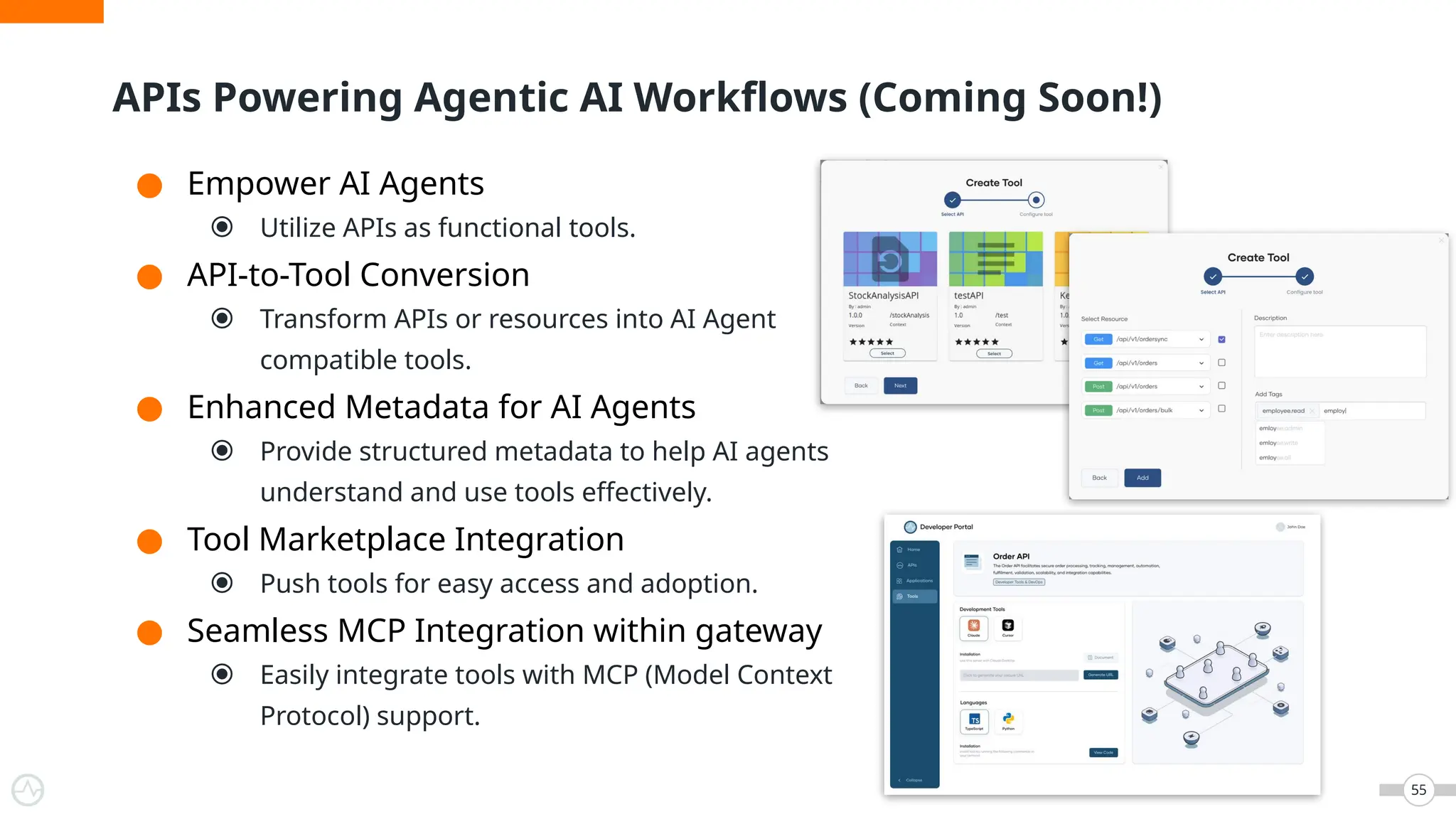 APIs Powering Agentic AI Workflows (Coming Soon!)
55
● Empower AI Agents
⦿ Utilize APIs as functional tools.
● API-to-Tool Conversion
⦿ Transform APIs or resources into AI Agent
compatible tools.
● Enhanced Metadata for AI Agents
⦿ Provide structured metadata to help AI agents
understand and use tools effectively.
● Tool Marketplace Integration
⦿ Push tools for easy access and adoption.
● Seamless MCP Integration within gateway
⦿ Easily integrate tools with MCP (Model Context
Protocol) support.
 