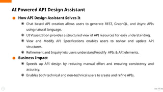 ● How API Design Assistant Solves It
⦿ Chat based API creation allows users to generate REST, GraphQL, and Async APIs
using natural language.
⦿ UI Visualization provides a structured view of API resources for easy understanding.
⦿ View and Modify API Specifications enables users to review and update API
structures.
⦿ Refinement and Inquiry lets users understand/modify APIs & API elements.
● Business Impact
⦿ Speeds up API design by reducing manual effort and ensuring consistency and
accuracy.
⦿ Enables both technical and non-technical users to create and refine APIs.
19
AI Powered API Design Assistant
 