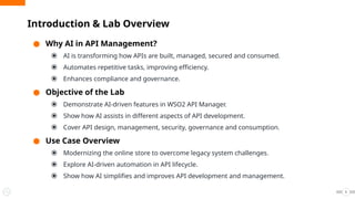 ● Why AI in API Management?
⦿ AI is transforming how APIs are built, managed, secured and consumed.
⦿ Automates repetitive tasks, improving efficiency.
⦿ Enhances compliance and governance.
● Objective of the Lab
⦿ Demonstrate AI-driven features in WSO2 API Manager.
⦿ Show how AI assists in different aspects of API development.
⦿ Cover API design, management, security, governance and consumption.
● Use Case Overview
⦿ Modernizing the online store to overcome legacy system challenges.
⦿ Explore AI-driven automation in API lifecycle.
⦿ Show how AI simplifies and improves API development and management.
Introduction & Lab Overview
5
 