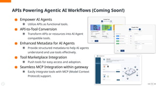 APIs Powering Agentic AI Workflows (Coming Soon!)
55
● Empower AI Agents
⦿ Utilize APIs as functional tools.
● API-to-Tool Conversion
⦿ Transform APIs or resources into AI Agent
compatible tools.
● Enhanced Metadata for AI Agents
⦿ Provide structured metadata to help AI agents
understand and use tools effectively.
● Tool Marketplace Integration
⦿ Push tools for easy access and adoption.
● Seamless MCP Integration within gateway
⦿ Easily integrate tools with MCP (Model Context
Protocol) support.
 
