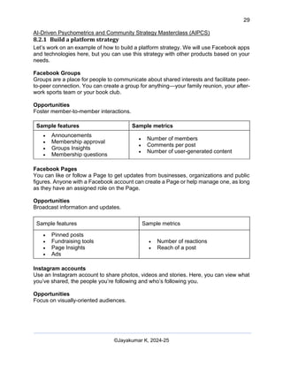 29
AI-Driven Psychometrics and Community Strategy Masterclass (AIPCS)
©Jayakumar K, 2024-25
8.2.1 Build a platform strategy
Let’s work on an example of how to build a platform strategy. We will use Facebook apps
and technologies here, but you can use this strategy with other products based on your
needs.
Facebook Groups
Groups are a place for people to communicate about shared interests and facilitate peer-
to-peer connection. You can create a group for anything—your family reunion, your after-
work sports team or your book club.
Opportunities
Foster member-to-member interactions.
Sample features Sample metrics
• Announcements
• Membership approval
• Groups Insights
• Membership questions
• Number of members
• Comments per post
• Number of user-generated content
Facebook Pages
You can like or follow a Page to get updates from businesses, organizations and public
figures. Anyone with a Facebook account can create a Page or help manage one, as long
as they have an assigned role on the Page.
Opportunities
Broadcast information and updates.
Sample features Sample metrics
• Pinned posts
• Fundraising tools
• Page Insights
• Ads
• Number of reactions
• Reach of a post
Instagram accounts
Use an Instagram account to share photos, videos and stories. Here, you can view what
you’ve shared, the people you’re following and who’s following you.
Opportunities
Focus on visually-oriented audiences.
 