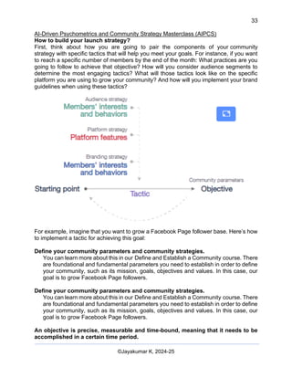 33
AI-Driven Psychometrics and Community Strategy Masterclass (AIPCS)
©Jayakumar K, 2024-25
How to build your launch strategy?
First, think about how you are going to pair the components of your community
strategy with specific tactics that will help you meet your goals. For instance, if you want
to reach a specific number of members by the end of the month: What practices are you
going to follow to achieve that objective? How will you consider audience segments to
determine the most engaging tactics? What will those tactics look like on the specific
platform you are using to grow your community? And how will you implement your brand
guidelines when using these tactics?
For example, imagine that you want to grow a Facebook Page follower base. Here’s how
to implement a tactic for achieving this goal:
Define your community parameters and community strategies.
You can learn more about this in our Define and Establish a Community course. There
are foundational and fundamental parameters you need to establish in order to define
your community, such as its mission, goals, objectives and values. In this case, our
goal is to grow Facebook Page followers.
Define your community parameters and community strategies.
You can learn more about this in our Define and Establish a Community course. There
are foundational and fundamental parameters you need to establish in order to define
your community, such as its mission, goals, objectives and values. In this case, our
goal is to grow Facebook Page followers.
An objective is precise, measurable and time-bound, meaning that it needs to be
accomplished in a certain time period.
 