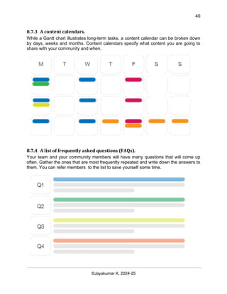 40
AI-Driven Psychometrics and Community Strategy Masterclass (AIPCS)
©Jayakumar K, 2024-25
8.7.3 A content calendars.
While a Gantt chart illustrates long-term tasks, a content calendar can be broken down
by days, weeks and months. Content calendars specify what content you are going to
share with your community and when.
8.7.4 A list of frequently asked questions (FAQs).
Your team and your community members will have many questions that will come up
often. Gather the ones that are most frequently repeated and write down the answers to
them. You can refer members to the list to save yourself some time.
 