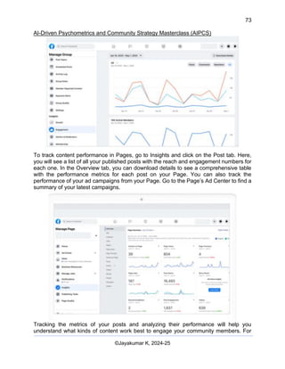 73
AI-Driven Psychometrics and Community Strategy Masterclass (AIPCS)
©Jayakumar K, 2024-25
To track content performance in Pages, go to Insights and click on the Post tab. Here,
you will see a list of all your published posts with the reach and engagement numbers for
each one. In the Overview tab, you can download details to see a comprehensive table
with the performance metrics for each post on your Page. You can also track the
performance of your ad campaigns from your Page. Go to the Page’s Ad Center to find a
summary of your latest campaigns.
Tracking the metrics of your posts and analyzing their performance will help you
understand what kinds of content work best to engage your community members. For
 