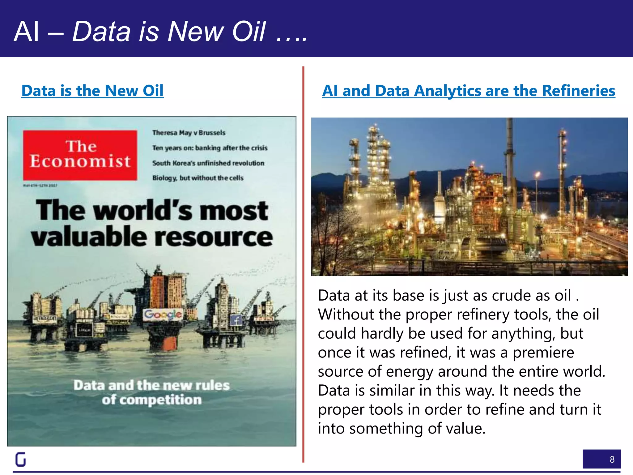 8
AI – Data is New Oil ….
Data is the New Oil AI and Data Analytics are the Refineries
Data at its base is just as crude as oil .
Without the proper refinery tools, the oil
could hardly be used for anything, but
once it was refined, it was a premiere
source of energy around the entire world.
Data is similar in this way. It needs the
proper tools in order to refine and turn it
into something of value.
 