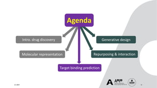 3/11/2019 13
Molecular representation
Target binding prediction
Intro. drug discovery Generative design
Agenda
Repurposing & interaction
 