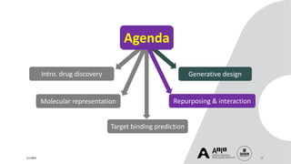 3/11/2019 17
Molecular representation
Target binding prediction
Intro. drug discovery Generative design
Agenda
Repurposing & interaction
 