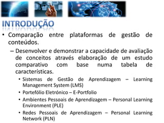 • Comparação entre plataformas de gestão de
  conteúdos.
  – Desenvolver e demonstrar a capacidade de avaliação
    de conceitos através elaboração de um estudo
    comparativo com base numa tabela de
    características.
    • Sistemas de Gestão de Aprendizagem – Learning
      Management System (LMS)
    • Portefólio Eletrónico – E-Portfolio
    • Ambientes Pessoais de Aprendizagem – Personal Learning
      Environment (PLE)
    • Redes Pessoais de Aprendizagem – Personal Learning
      Network (PLN)
 