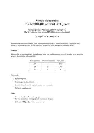 Written examination
TIN172/DIT410, Artiﬁcial Intelligence
Contact person: Peter Ljunglöf, 0736–24 24 76
(I will visit some time around 15:30 to answer questions)
19 August 2014, 14:00–18:00
This examination consists of eight basic questions (numbered 1–8) and three advanced (numbered A–C).
There are no points awarded for the questions, but you can either give a correct answer, or fail.
Grading
The number of questions (basic plus advanced) that you need to answer correctly in order to get a certain
grade is shown in the following table:
Basic questions Advanced questions Final grade
≥ 5 — 3/G
≥ 6 ≥ 1 4/VG
≥ 7 ≥ 2 5
Accessories
• Paper and pencil.
• Crayons, paper glue, scissors.
• One A4 cheat sheet with any information you want on it.
• No books or calculators.
Notes
• Answer directly on the question page,
but you can also use empty papers if you run out of space.
• Write readable, and explain your answers!
 
