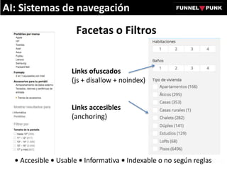 Facetas o Filtros
AI: Sistemas de navegación
• Accesible • Usable • Informativa • Indexable o no según reglas
Links ofuscados
(js + disallow + noindex)
Links accesibles
(anchoring)
 