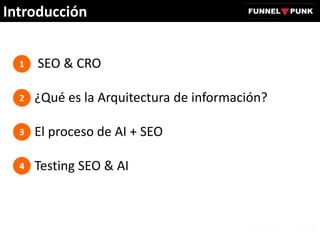 SEO & CRO
¿Qué es la Arquitectura de información?
El proceso de AI + SEO
Testing SEO & AI
Introducción
3 puntos imprescindibles
1
1
2
3
4
 