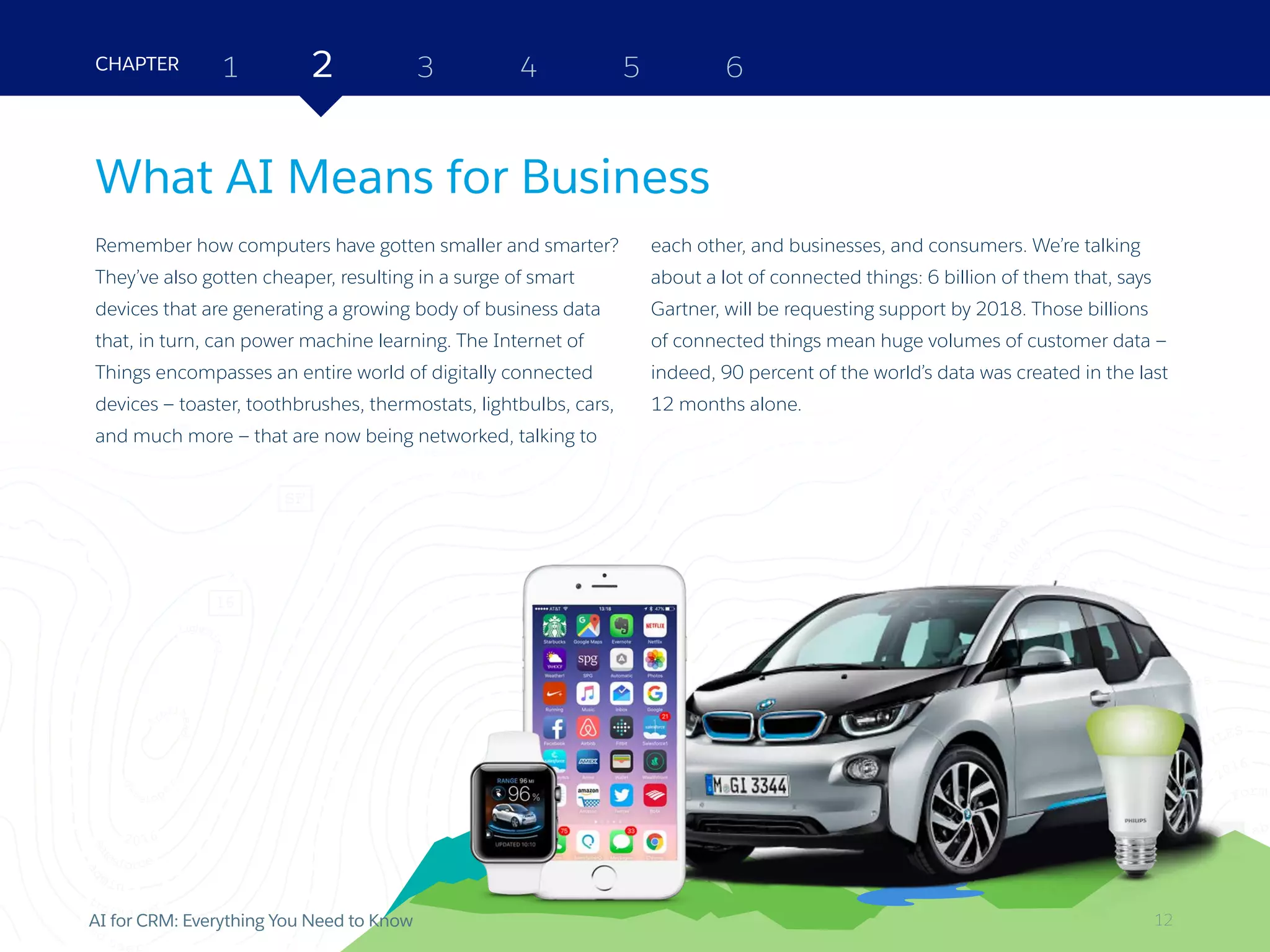12AI for CRM: Everything You Need to Know
What AI Means for Business
Remember how computers have gotten smaller and smarter?
They’ve also gotten cheaper, resulting in a surge of smart
devices that are generating a growing body of business data
that, in turn, can power machine learning. The Internet of
Things encompasses an entire world of digitally connected
devices — toaster, toothbrushes, thermostats, lightbulbs, cars,
and much more — that are now being networked, talking to
each other, and businesses, and consumers. We’re talking
about a lot of connected things: 6 billion of them that, says
Gartner, will be requesting support by 2018. Those billions
of connected things mean huge volumes of customer data —
indeed, 90 percent of the world’s data was created in the last
12 months alone.
2 3 4 5 6CHAPTER 1
12
 