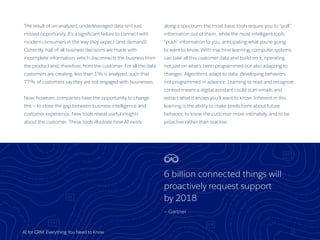 The result of un-analyzed, underleveraged data isn’t just
missed opportunity. It’s a significant failure to connect with
modern consumers in the way they expect (and demand).
Currently, half of all business decisions are made with
incomplete information, which disconnects the business from
the product and, therefore, from the customer. For all the data
customers are creating, less than 1% is analyzed, such that
77% of customers say they are not engaged with businesses.
Now, however, companies have the opportunity to change
this — to close the gap between business intelligence and
customer experience. New tools reveal useful insights
about the customer. These tools illustrate how AI exists
along a spectrum: the most basic tools require you to “pull”
information out of them, while the most intelligent tools
“push” information to you, anticipating what you’re going
to want to know. With machine learning, computer systems
can take all this customer data and build on it, operating
not just on what’s been programmed but also adapting to
changes. Algorithms adapt to data, developing behaviors
not programmed in advance. Learning to read and recognize
context means a digital assistant could scan emails and
extract what it knows you’ll want to know. Inherent in this
learning is the ability to make predictions about future
behavior, to know the customer more intimately, and to be
proactive rather than reactive.
AI for CRM: Everything You Need to Know 15
6 billion connected things will
proactively request support
by 2018
— Gartner
 