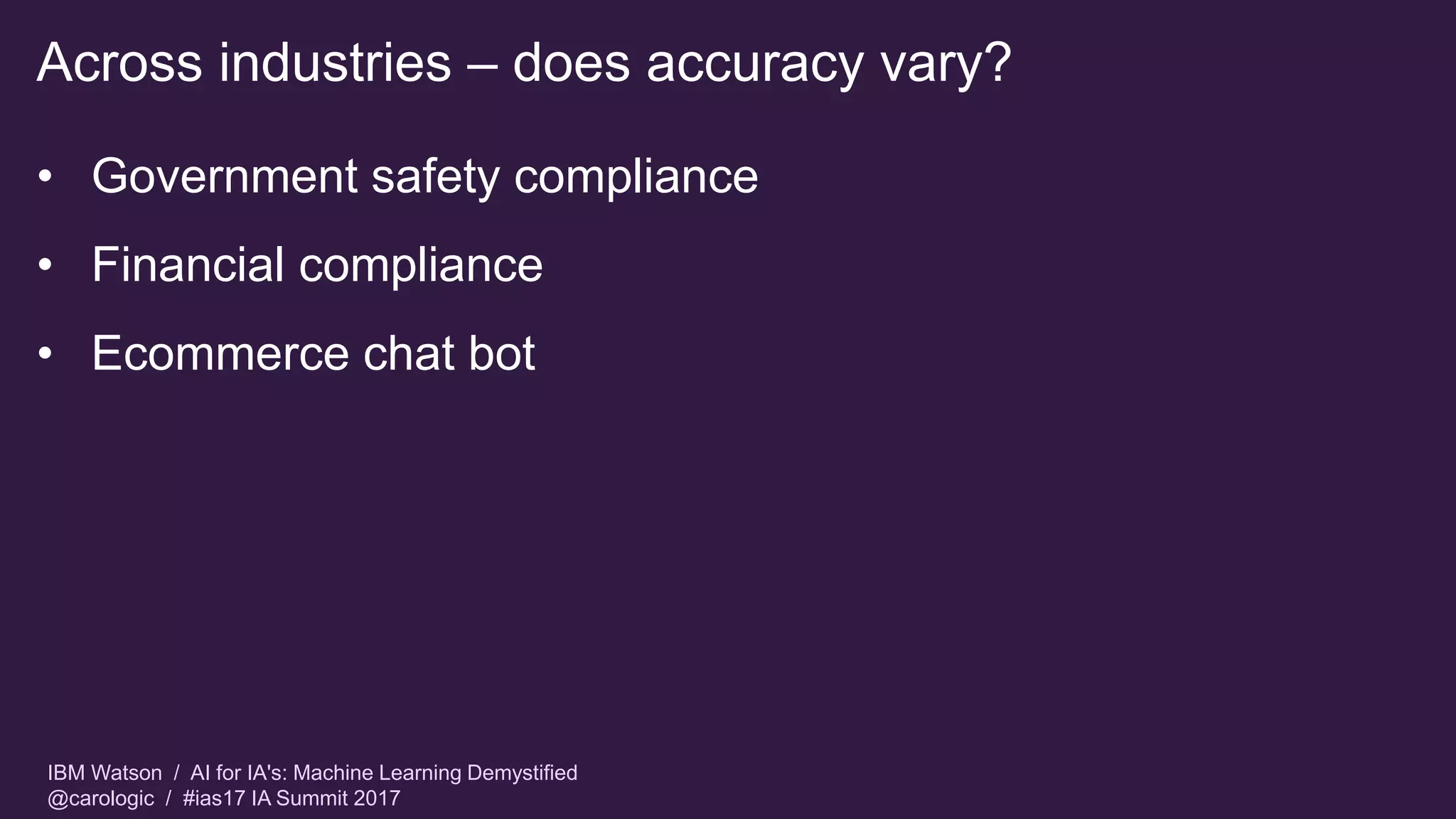 IBM Watson / AI for IA's: Machine Learning Demystified
@carologic / #ias17 IA Summit 2017
Across industries – does accuracy vary?
• Government safety compliance
• Financial compliance
• Ecommerce chat bot
 