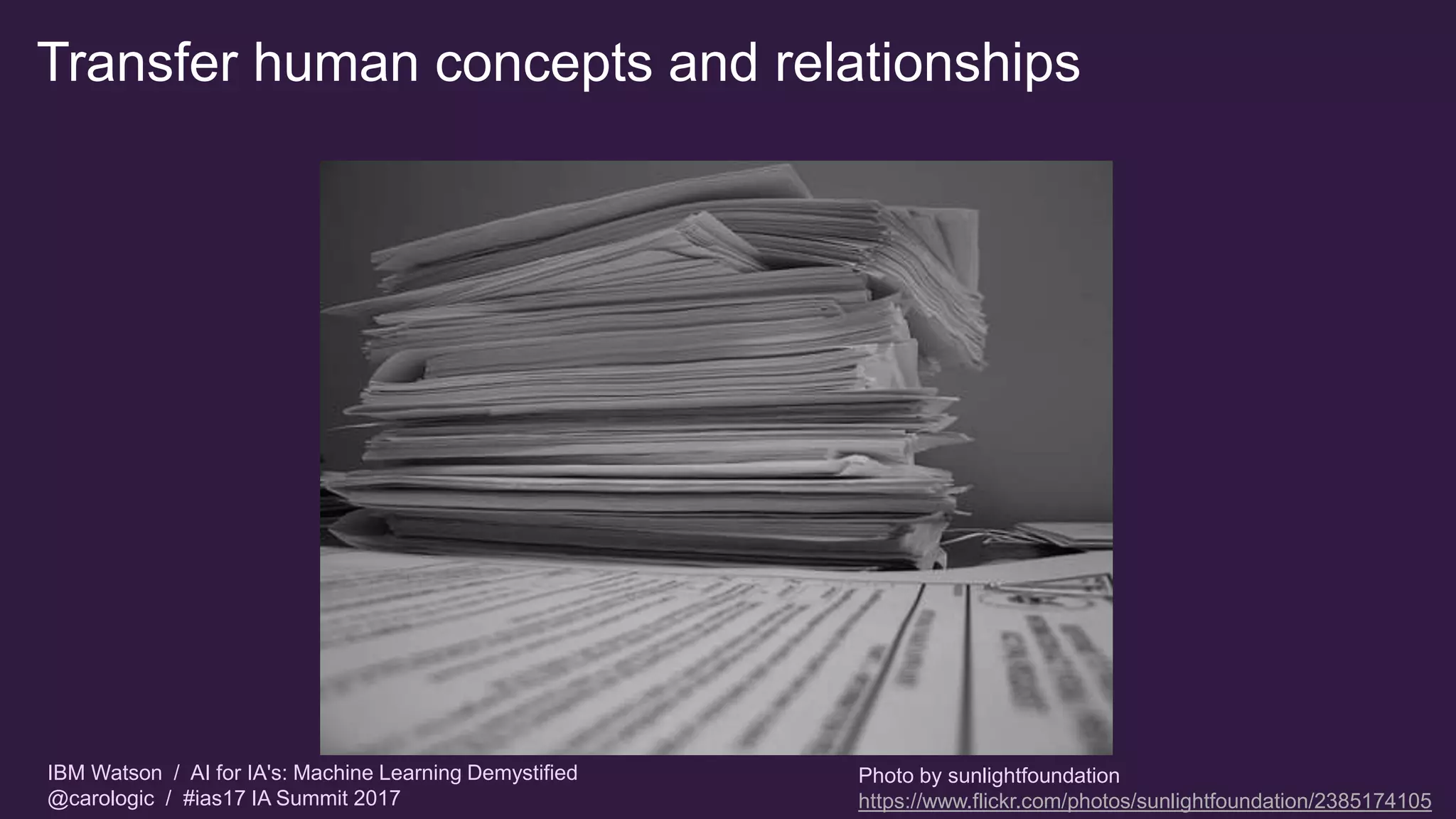 IBM Watson / AI for IA's: Machine Learning Demystified
@carologic / #ias17 IA Summit 2017
Transfer human concepts and relationships
Photo by sunlightfoundation
https://www.flickr.com/photos/sunlightfoundation/2385174105
 