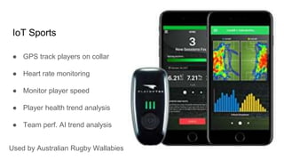 IoT Sports
● GPS track players on collar
● Heart rate monitoring
● Monitor player speed
● Player health trend analysis
● T...