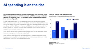 17 / AI: from data to ROI  Back to Contents
On average, companies expect to increase their spending on AI by a factor of two.
While companies increased their AI investments by 4.6% on average over the last
year, that will accelerate to an 8.3% increase in annual AI spending over the next
three years (see Figure 8).
A closer look reveals that it’s the non-leaders accounting for the spending increases.
While non-leaders expect to double the rate of their AI investment – from a 4.4% increase
over the last year to 9% annually over the next three years – AI leaders expect to trim their
spending growth, from 6% over the last year to 4.5% over the next three years. Yet since
leaders say they are spending 2.6 times others in absolute dollars, they still expect to
outspend their non-leader counterparts.
Some sectors plan to ramp up spending at more than twice the rate of last year: media,
investment management, and consumer and retail.
While spending expectations may be moderated due to budgetary pressures during
the pandemic, it’s very likely that businesses will feel similarly pressured to invest in AI to
navigate the COVID crisis with intelligent decisioning.
Response base: 1,200
Source: ESI ThoughtLab/Cognizant
Figure 8
The rise and fall in AI spending rates
Percent increase in AI spending, last year and in three years.
AI spending is on the rise
0
2
4
6
8
10
All respondentsLeaderNon-leader
Last year In three years
9%
4.4%
6%
4.5% 4.6%
8.3%
 
