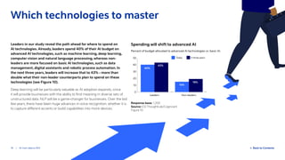 19 / AI: from data to ROI  Back to Contents
Leaders in our study reveal the path ahead for where to spend on
AI technologies. Already, leaders spend 40% of their AI budget on
advanced AI technologies, such as machine learning, deep learning,
computer vision and natural language processing, whereas non-
leaders are more focused on basic AI technologies, such as data
management, digital assistants and robotic process automation. In
the next three years, leaders will increase that to 43% – more than
double what their non-leader counterparts plan to spend on these
technologies (see Figure 10).
Deep learning will be particularly valuable as AI adoption expands, since
it will provide businesses with the ability to find meaning in diverse sets of
unstructured data. NLP will be a game-changer for businesses. Over the last
few years, there have been huge advances in voice recognition, whether it is
to capture different accents or build capabilities into more devices.
Response base: 1,200
Source: ESI ThoughtLab/Cognizant
Figure 10
Spending will shift to advanced AI
Percent of budget allocated to advanced AI technologies vs. basic AI.
Which technologies to master
0
10
20
30
40
50
Non-leadersLeaders
Today In three years
43%
40%
15%
19%
 