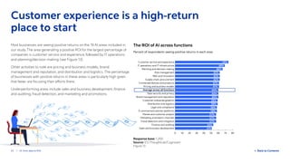 23 / AI: from data to ROI  Back to Contents
Most businesses are seeing positive returns on the 19 AI areas included in
our study. The area generating a positive ROI for the largest percentage of
companies is customer service and experience, followed by IT operations
and planning/decision making (see Figure 13).
Other activities to note are pricing and business models, brand
management and reputation, and distribution and logistics. The percentage
of businesses with positive returns in these areas is particularly high given
that fewer are focusing their efforts there.
Underperforming areas include sales and business development, finance
and auditing, fraud detection, and marketing and promotions.
Customer experience is a high-return
place to start
Response base: 1,200
Source: ESI ThoughtLab/Cognizant
Figure 13
The ROI of AI across functions
Percent of respondents seeing positive returns in each area.
0 10 20 30 40 50 60 70 80
Sales and business development
Finance and auditing
Fraud detection and mitigation
Marketing, promotion, channels
Market and customer analysis
E-commerce/customer platforms
Legal and compliance
Distribution and logistics
Customer onboarding/admin
Brand management and reputation
Data security and privacy
Average across all functions
Pricing and business models
Connected devices and products
Supply chain, procurement
RD and innovation
Risk management
Planning and decision making
IT operations and IT infrastructure
Customer service and experience 74%
69%
66%
62%
62%
62%
61%
61%
60%
60%
60%
59%
59%
58%
58%
57%
57%
57%
53%
51%
 