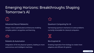 Emerging Horizons: Breakthroughs Shaping
Tomorrow's AI
Advanced Neural Networks
Deeper, more sophisticated architectures enabling
complex pattern recognition and learning.
Quantum Computing for AI
Harnessing quantum mechanics to solve problems
currently intractable for classical computers.
Robotics & Automation
Integration of AI into physical systems, leading to more
autonomous and intelligent machines.
Bio-Inspired AI
Drawing inspiration from biology to create more
adaptive and efficient AI systems.
 