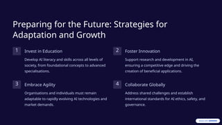Preparing for the Future: Strategies for
Adaptation and Growth
1 Invest in Education
Develop AI literacy and skills across all levels of
society, from foundational concepts to advanced
specialisations.
2 Foster Innovation
Support research and development in AI,
ensuring a competitive edge and driving the
creation of beneficial applications.
3 Embrace Agility
Organisations and individuals must remain
adaptable to rapidly evolving AI technologies and
market demands.
4 Collaborate Globally
Address shared challenges and establish
international standards for AI ethics, safety, and
governance.
 