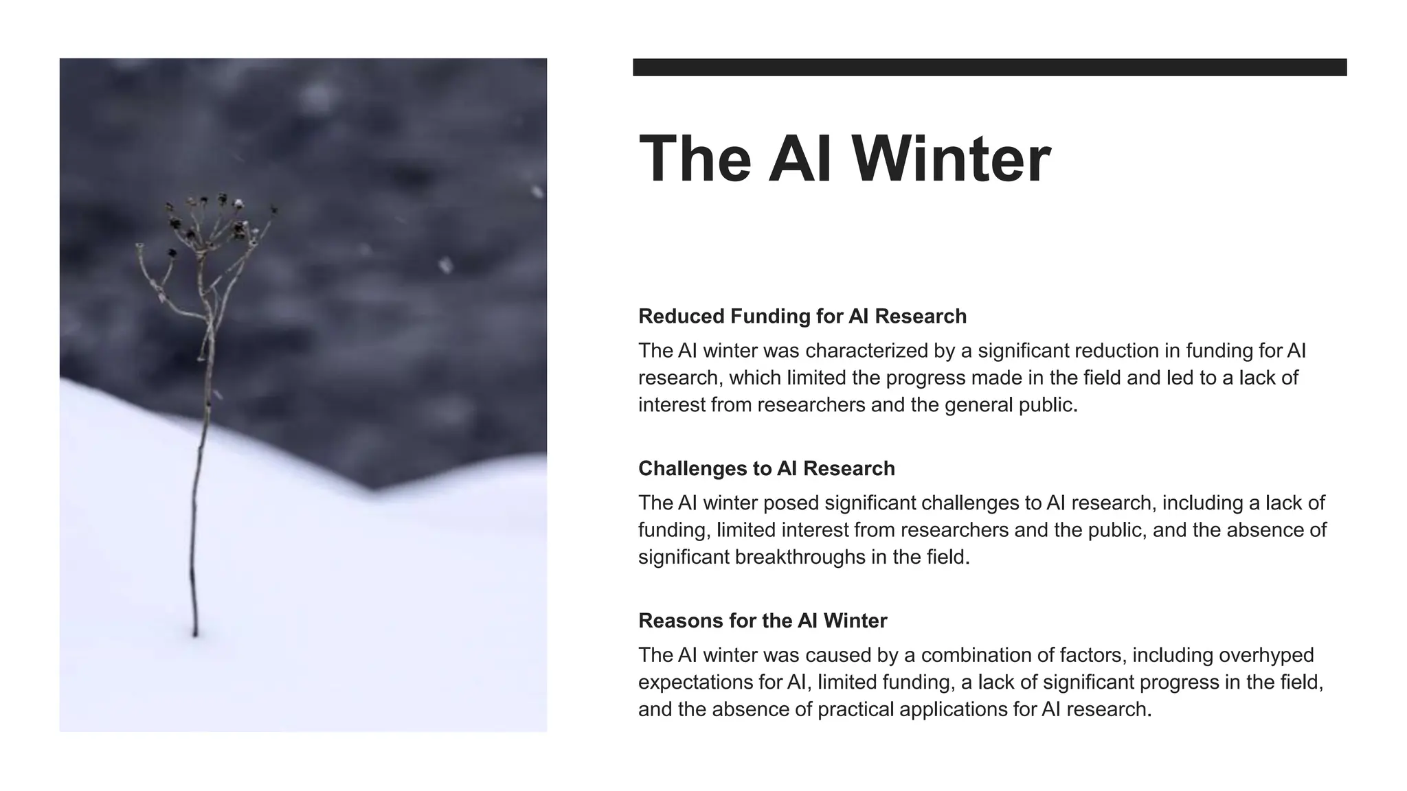 The AI Winter
Reduced Funding for AI Research
The AI winter was characterized by a significant reduction in funding for AI
research, which limited the progress made in the field and led to a lack of
interest from researchers and the general public.
Challenges to AI Research
The AI winter posed significant challenges to AI research, including a lack of
funding, limited interest from researchers and the public, and the absence of
significant breakthroughs in the field.
Reasons for the AI Winter
The AI winter was caused by a combination of factors, including overhyped
expectations for AI, limited funding, a lack of significant progress in the field,
and the absence of practical applications for AI research.
 