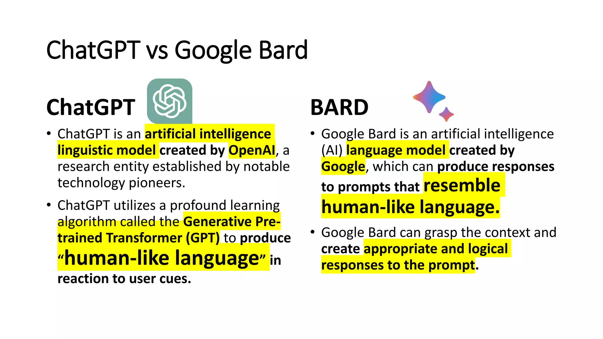 ChatGPT vs Google Bard
ChatGPT
• ChatGPT is an artificial intelligence
linguistic model created by OpenAI, a
research entity established by notable
technology pioneers.
• ChatGPT utilizes a profound learning
algorithm called the Generative Pre-
trained Transformer (GPT) to produce
“human-like language” in
reaction to user cues.
BARD
• Google Bard is an artificial intelligence
(AI) language model created by
Google, which can produce responses
to prompts that resemble
human-like language.
• Google Bard can grasp the context and
create appropriate and logical
responses to the prompt.
 