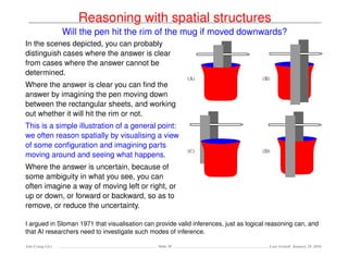 Reasoning with spatial structures
Will the pen hit the rim of the mug if moved downwards?
In the scenes depicted, you can probably
distinguish cases where the answer is clear
from cases where the answer cannot be
determined.
Where the answer is clear you can ﬁnd the
answer by imagining the pen moving down
between the rectangular sheets, and working
out whether it will hit the rim or not.
This is a simple illustration of a general point:
we often reason spatially by visualising a view
of some conﬁguration and imagining parts
moving around and seeing what happens.
Where the answer is uncertain, because of
some ambiguity in what you see, you can
often imagine a way of moving left or right, or
up or down, or forward or backward, so as to
remove, or reduce the uncertainty.
I argued in Sloman 1971 that visualisation can provide valid inferences, just as logical reasoning can, and
that AI researchers need to investigate such modes of inference.
Ada-Comp GLs Slide 28 Last revised: January 25, 2016
 