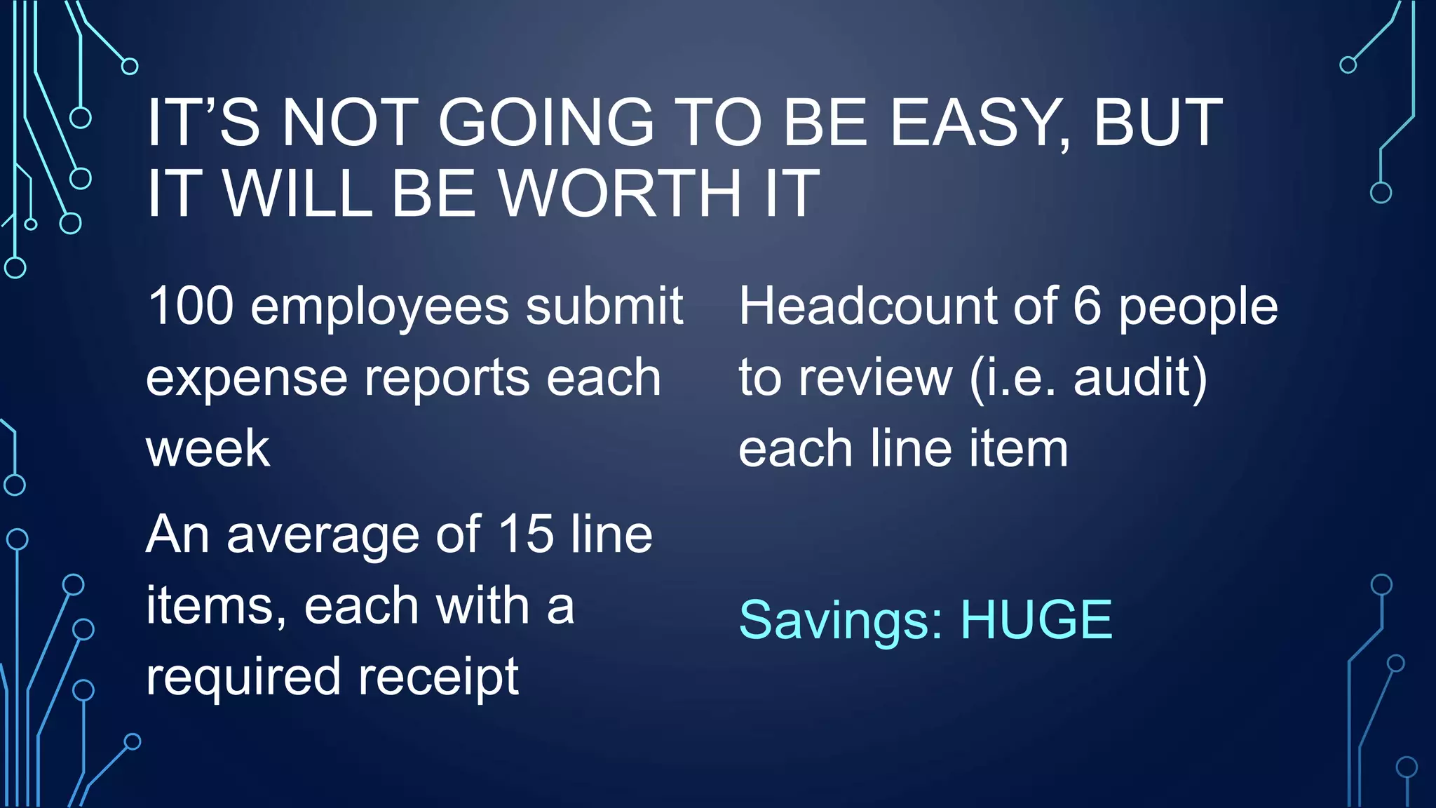 IT’S NOT GOING TO BE EASY, BUT
IT WILL BE WORTH IT
100 employees submit
expense reports each
week
An average of 15 line
items, each with a
required receipt
Headcount of 6 people
to review (i.e. audit)
each line item
Savings: HUGE
 