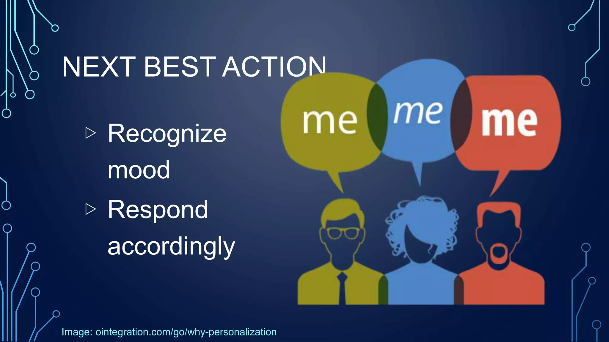 NEXT BEST ACTION
▷ Recognize
mood
▷ Respond
accordingly
Image: ointegration.com/go/why-personalization
 