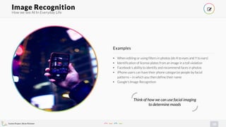 Evolve Project | Brian Pichman
10
• When editing or using filters in photos (do X to eyes and Y to ears)
• Identification of license plates from an image in a toll violation
• Facebook’s ability to identify and recommend faces in photos
• iPhone users can have their phone categorize people by facial
patterns – in which you then define their name
• Google’s Image Recognition
Examples
How we see AI In Everyday Life
Image Recognition !
Think of how we can use facial imaging
to determine moods
 