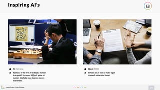 Evolve Project | Brian Pichman
21
Inspiring AI’s !
AI: AlphaGo
AlphaGo is the first AI to beat a human
in arguably the most difficult game to
master. AlphaGo now teaches moves
to trainees.
"
#
Client: ROSS
ROSS is an AI tool to make legal
research easier and faster
"
#
 