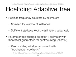 Hoeffding Adaptive Tree
• Replace frequency counters by estimators
• No need for window of instances
• Sufﬁcient statistics kept by estimators separately
• Parameter-free change detector + estimator with
theoretical guarantees for subtree swap (ADWIN)
• Keeps sliding window consistent with  
“no-change hypothesis”
55
A. Bifet, R. Gavaldà: “Adaptive Parameter-free Learning from Evolving Data Streams” IDA (2009)
A. Bifet, R. Gavaldà: “Learning from Time-Changing Data with Adaptive Windowing”. SDM ‘07
 