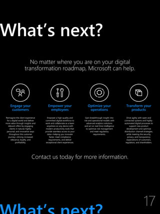 No matter where you are on your digital
transformation roadmap, Microsoft can help.
Contact us today for more information.
Empower your
employees
Empower a high-quality and
committed digital workforce to
work and collaborate as a team
anywhere on any device with
modern productivity tools that
provide seamless access to your
data—helping you innovate
faster, meet compliance
requirements, and deliver
exceptional client experiences.
Optimize your
operations
Gain breakthrough insight into
risk and operational models with
advanced analytics solutions
and act on real-time intelligence
to optimize risk management
and meet regulatory
requirements.
Transform your
products
Drive agility with open and
connected systems and highly-
automated digital processes to
support new product
development and optimize
distribution channel strategies,
while meeting the security,
privacy, and transparency
expectations of customers,
regulators, and shareholders.
Engage your
customers
Reimagine the client experience
for a digital world and deliver
more value through insights and
relevant offers by engaging
clients in natural, highly-
personal, and innovative ways
throughout the customer
journey—driving increased
relevance, loyalty, and
profitability.
What’s next?
 