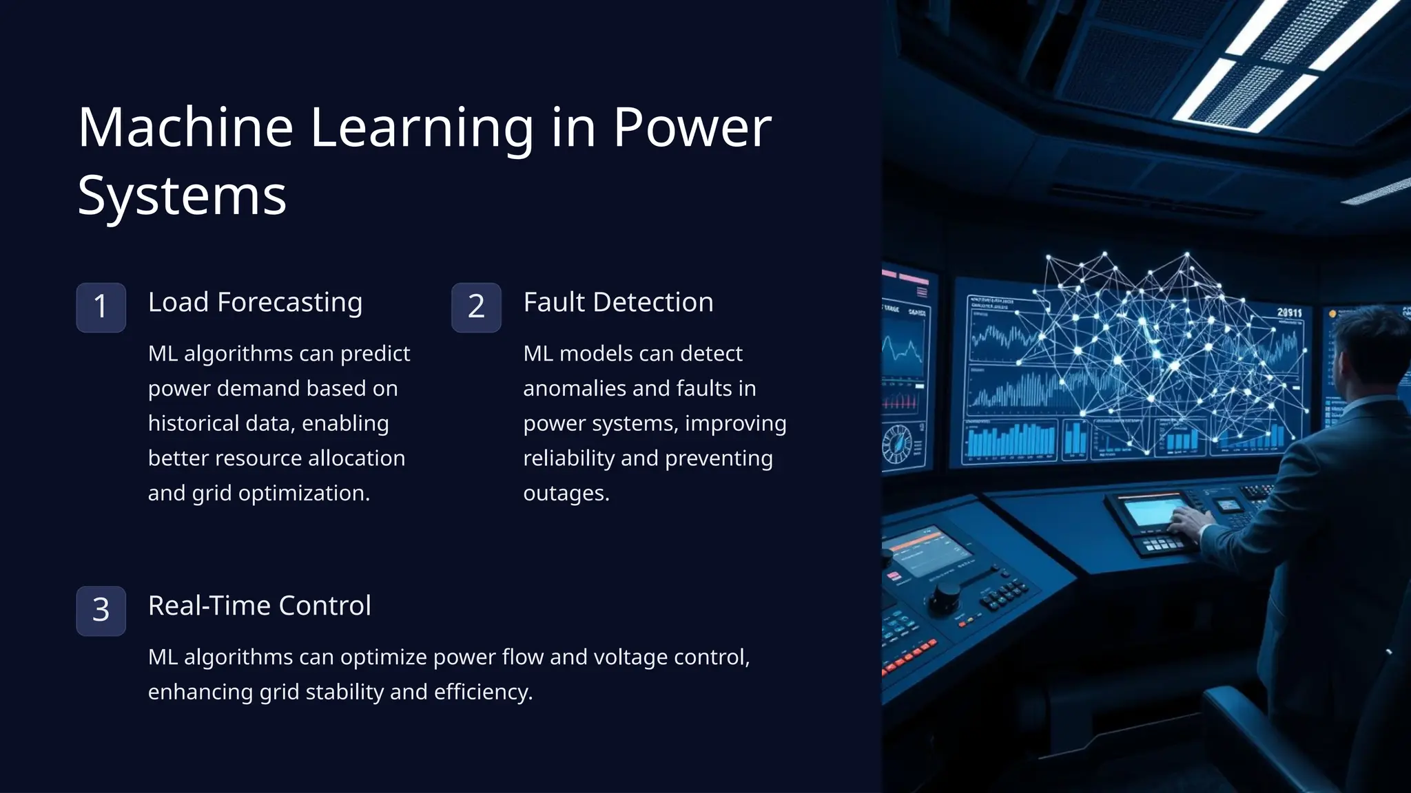Machine Learning in Power
Systems
1 Load Forecasting
ML algorithms can predict
power demand based on
historical data, enabling
better resource allocation
and grid optimization.
2 Fault Detection
ML models can detect
anomalies and faults in
power systems, improving
reliability and preventing
outages.
3 Real-Time Control
ML algorithms can optimize power flow and voltage control,
enhancing grid stability and efficiency.
 