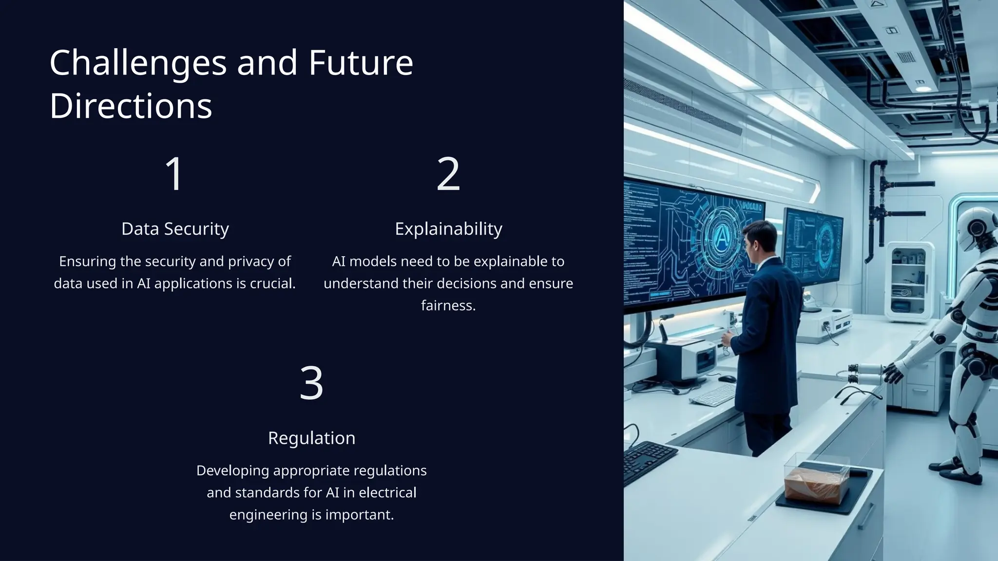 Challenges and Future
Directions
1
Data Security
Ensuring the security and privacy of
data used in AI applications is crucial.
2
Explainability
AI models need to be explainable to
understand their decisions and ensure
fairness.
3
Regulation
Developing appropriate regulations
and standards for AI in electrical
engineering is important.
 