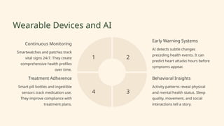 Wearable Devices and AI
Continuous Monitoring
Smartwatches and patches track
vital signs 24/7. They create
comprehensive health profiles
over time.
1
Early Warning Systems
AI detects subtle changes
preceding health events. It can
predict heart attacks hours before
symptoms appear.
2
Behavioral Insights
Activity patterns reveal physical
and mental health status. Sleep
quality, movement, and social
interactions tell a story.
3
Treatment Adherence
Smart pill bottles and ingestible
sensors track medication use.
They improve compliance with
treatment plans.
4
 