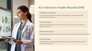 AI in Electronic Health Records (EHR)
Intelligent Documentation
AI transcribes doctor-patient conversations automatically. It creates accurate notes
without distracting from care.
Predictive Analytics
Algorithms identify patients at risk for readmission. They spot subtle warning signs for
proactive intervention.
Workflow Optimization
Smart systems prioritize tasks and alerts. They reduce administrative burden by 40% on average.
Research Insights
De-identified data reveals population health trends. It accelerates medical research and
evidence-based practices.
 