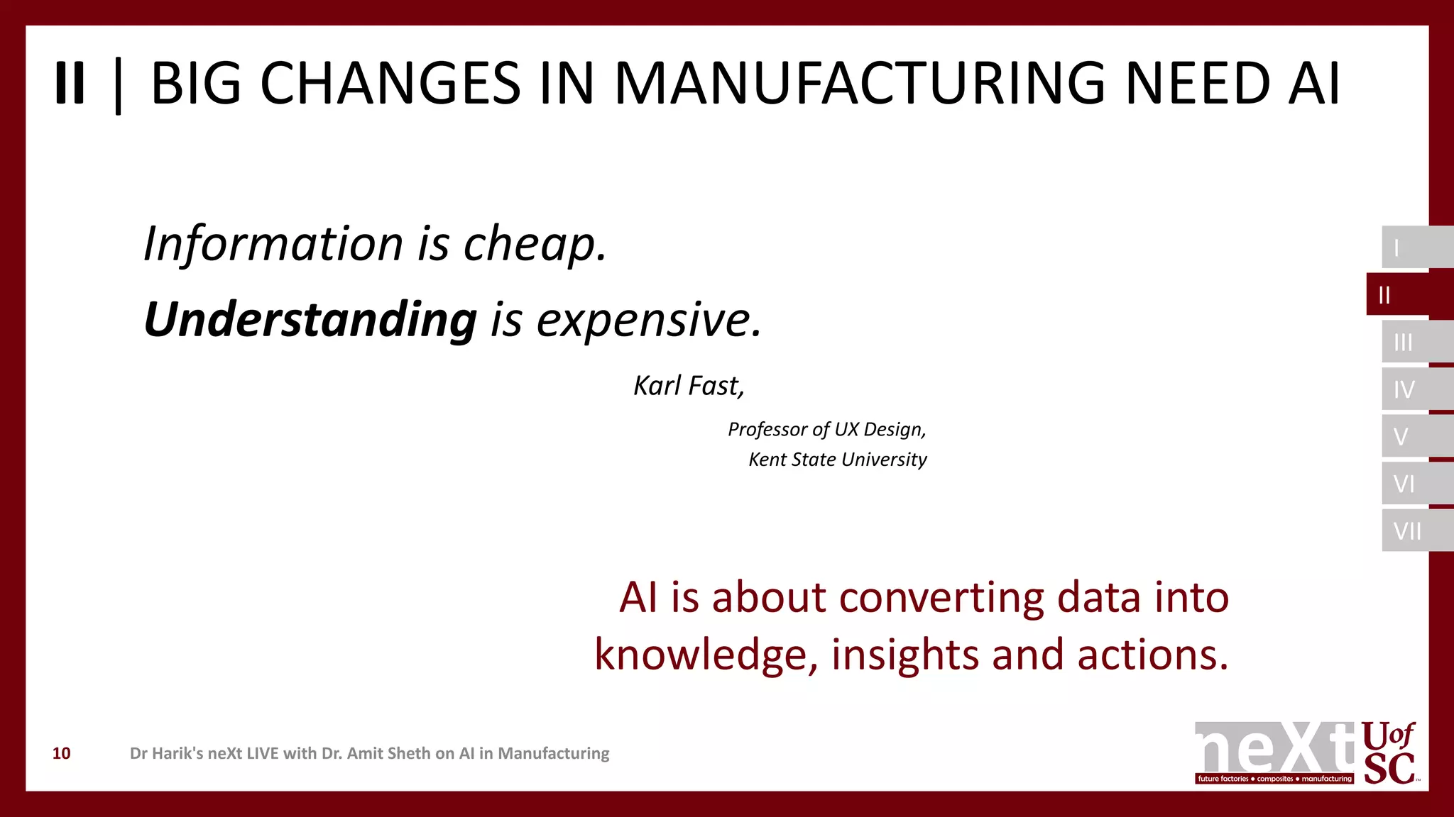 I
II
III
IV
V
VI
VII
II | BIG CHANGES IN MANUFACTURING NEED AI
Dr Harik's neXt LIVE with Dr. Amit Sheth on AI in Manufacturing10
Information is cheap.
Understanding is expensive.
Karl Fast,
Professor of UX Design,
Kent State University
AI is about converting data into
knowledge, insights and actions.
II
 