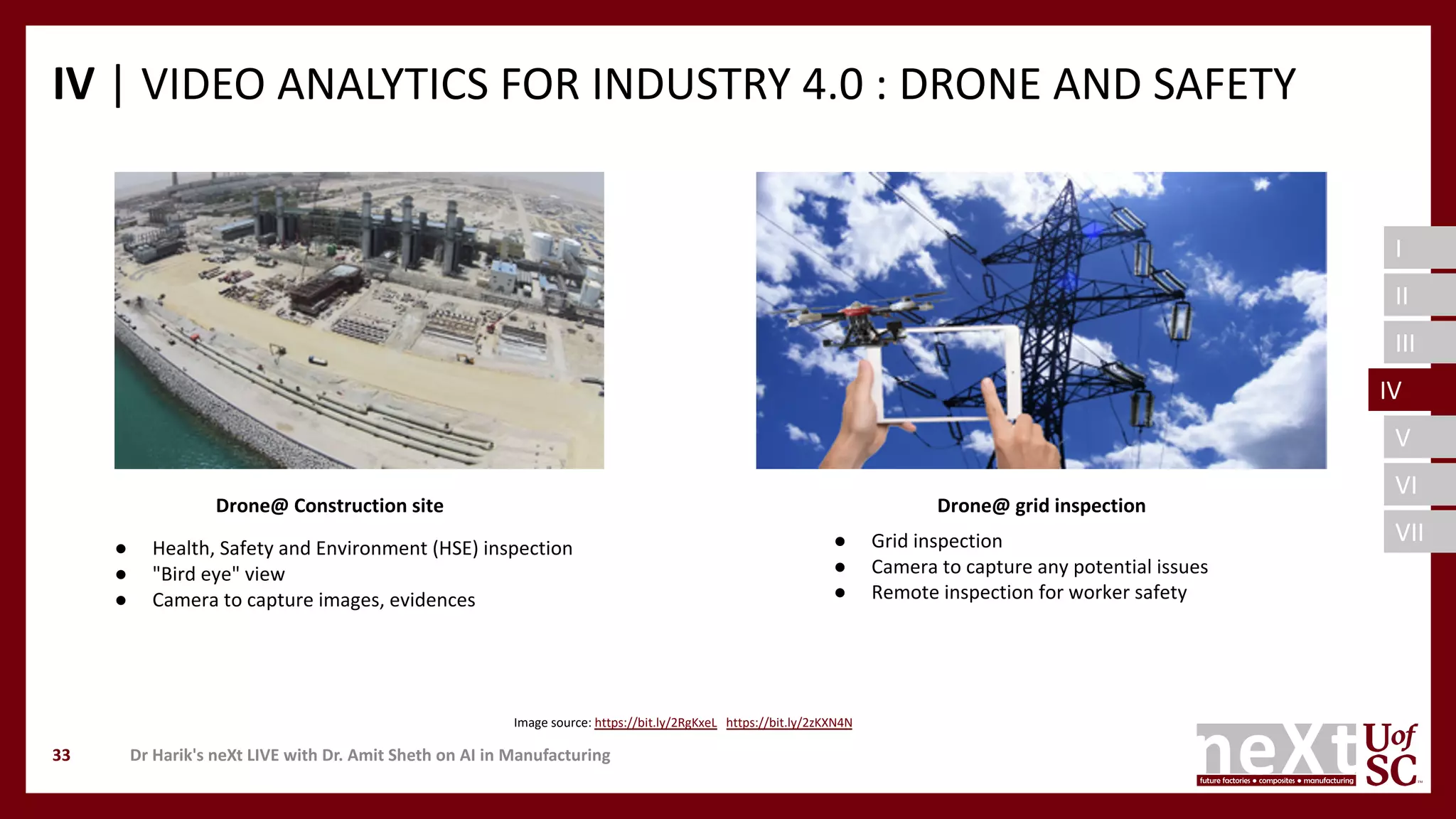 I
II
III
IV
V
VI
VII
IV | VIDEO ANALYTICS FOR INDUSTRY 4.0 : DRONE AND SAFETY
Dr Harik's neXt LIVE with Dr. Amit Sheth on AI in Manufacturing33
● Health, Safety and Environment (HSE) inspection
● "Bird eye" view
● Camera to capture images, evidences
Drone@ Construction site
● Grid inspection
● Camera to capture any potential issues
● Remote inspection for worker safety
Drone@ grid inspection
Image source: https://bit.ly/2RgKxeL https://bit.ly/2zKXN4N
IV
 