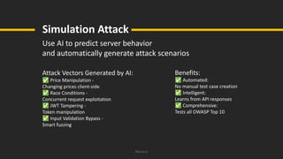 Ravro.ir
Simulation Attack
Use AI to predict server behavior
and automatically generate attack scenarios
Attack Vectors Generated by AI:
✅ Price Manipulation -
Changing prices client-side
✅ Race Conditions -
Concurrent request exploitation
✅ JWT Tampering -
Token manipulation
✅ Input Validation Bypass -
Smart fuzzing
Benefits:
✅ Automated:
No manual test case creation
✅ Intelligent:
Learns from API responses
✅ Comprehensive:
Tests all OWASP Top 10
 